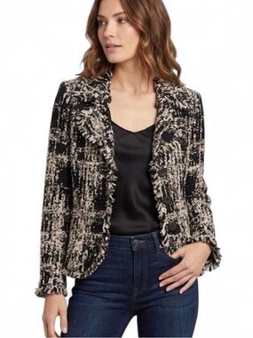 St. John Black and Cream Tweed Fringed Blazer